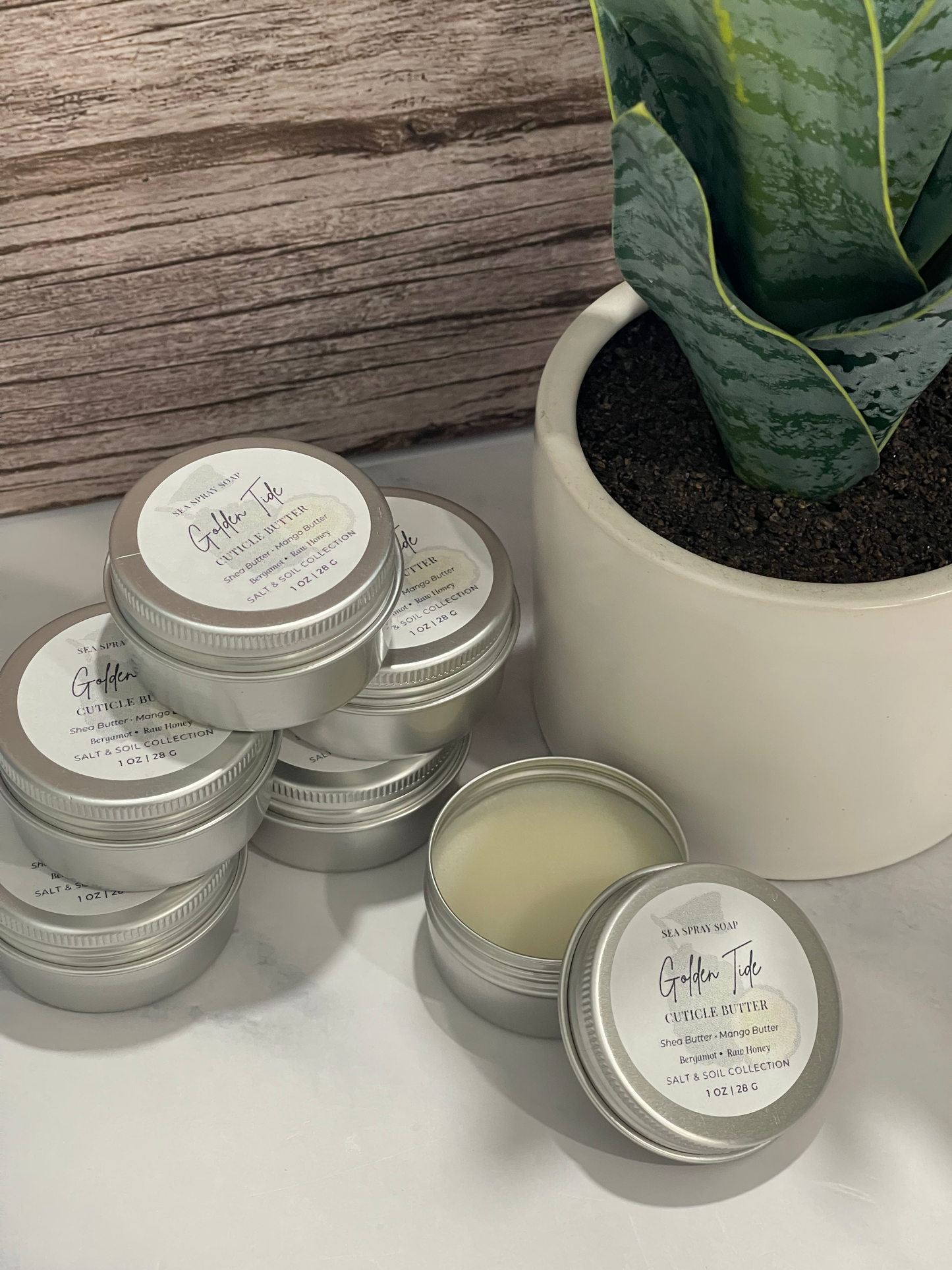 Silver tins with labels on a white surface next to a potted plant