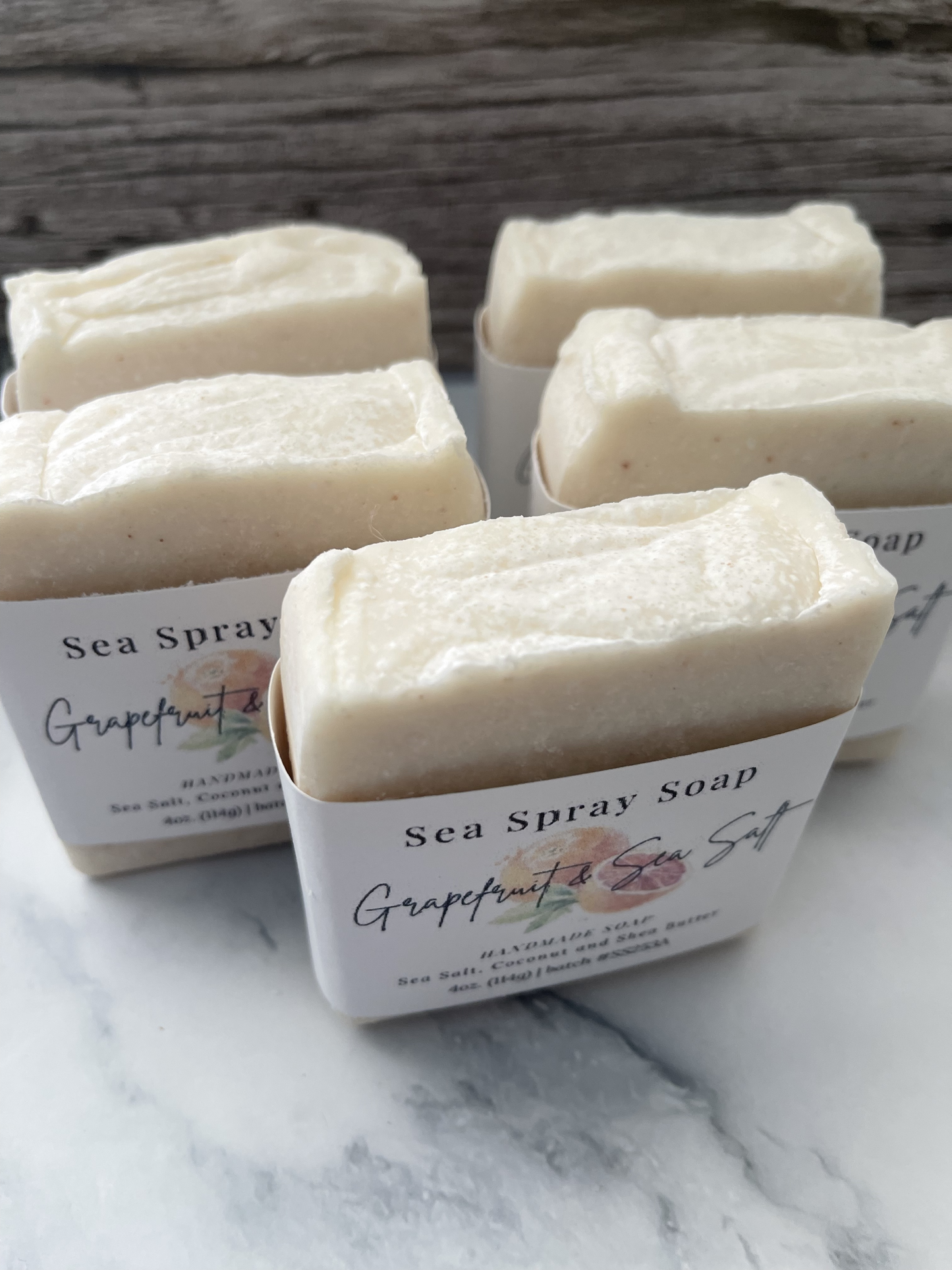 Sea Spray Soap bars with packaging on a marble surface