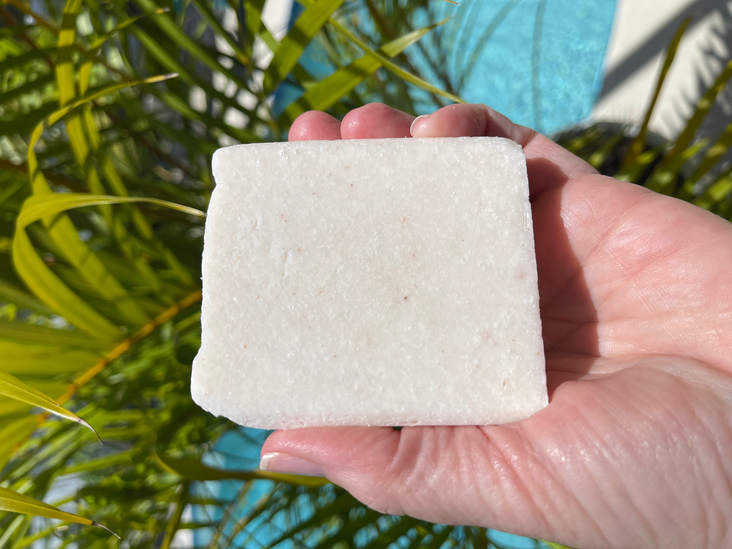 Hand holding a white bar of soap with a natural background