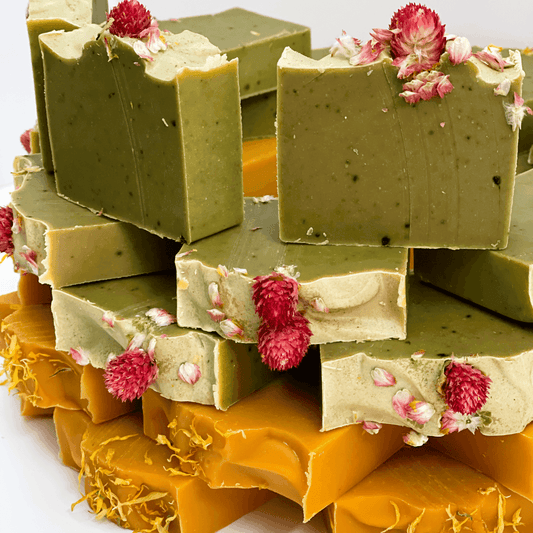 Handmade soap stacked in an artful brick layering fashion 