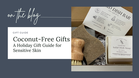 Coconut-free handmade soap gift set with dish soap bar and bar soaps on a wooden table