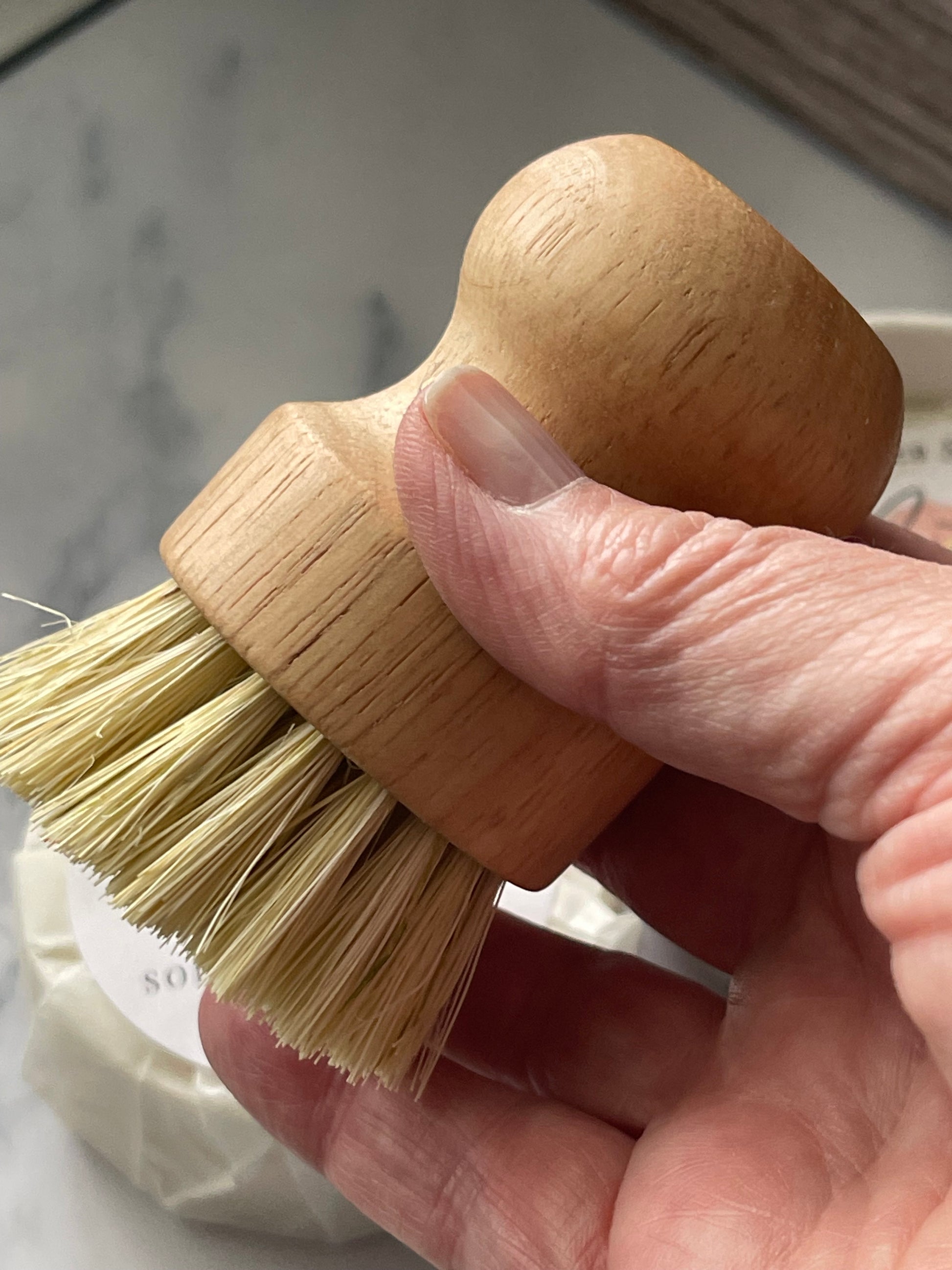 Hand holding a wooden brush with bristle head against a neutral background