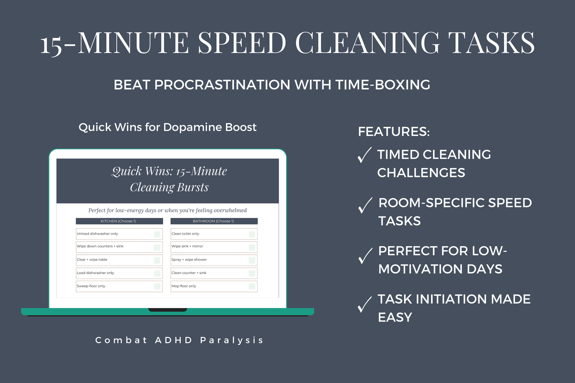 15-minute speed cleaning task list printable for ADHD hyperfocus and burst energy
