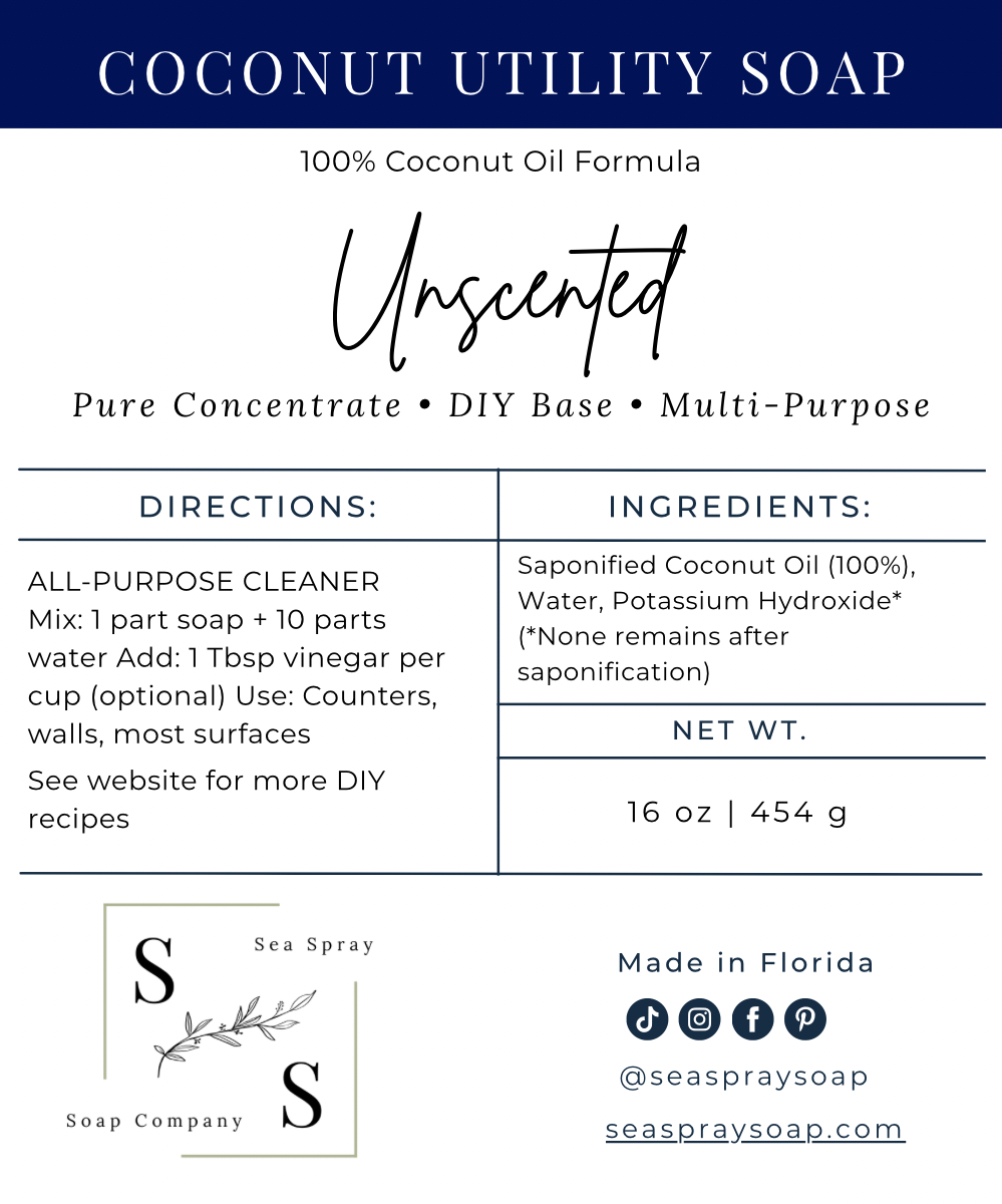 Coconut utility soap label with directions, ingredients, and branding information.