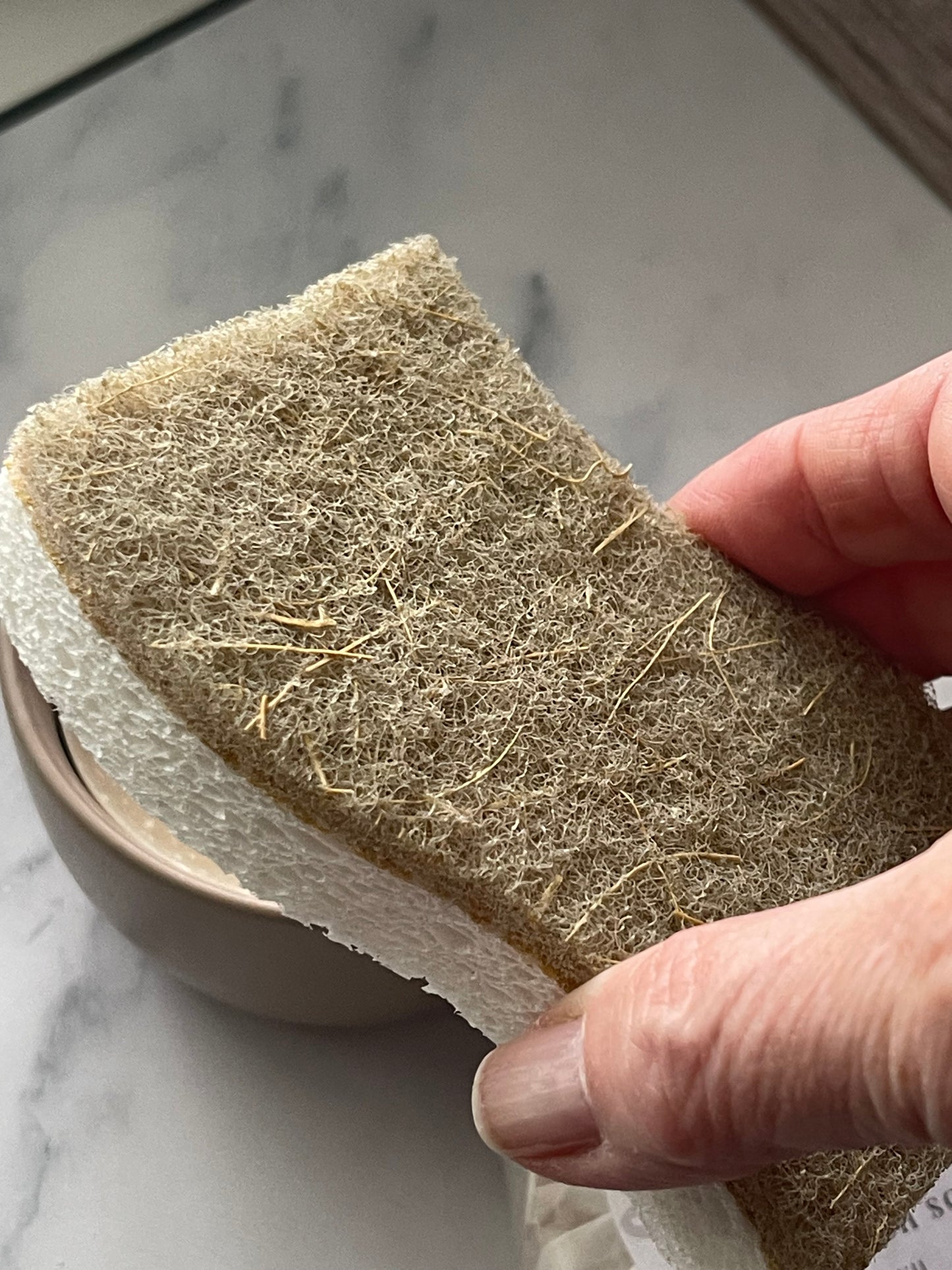 Hand holding a natural sponge with a marble countertop background