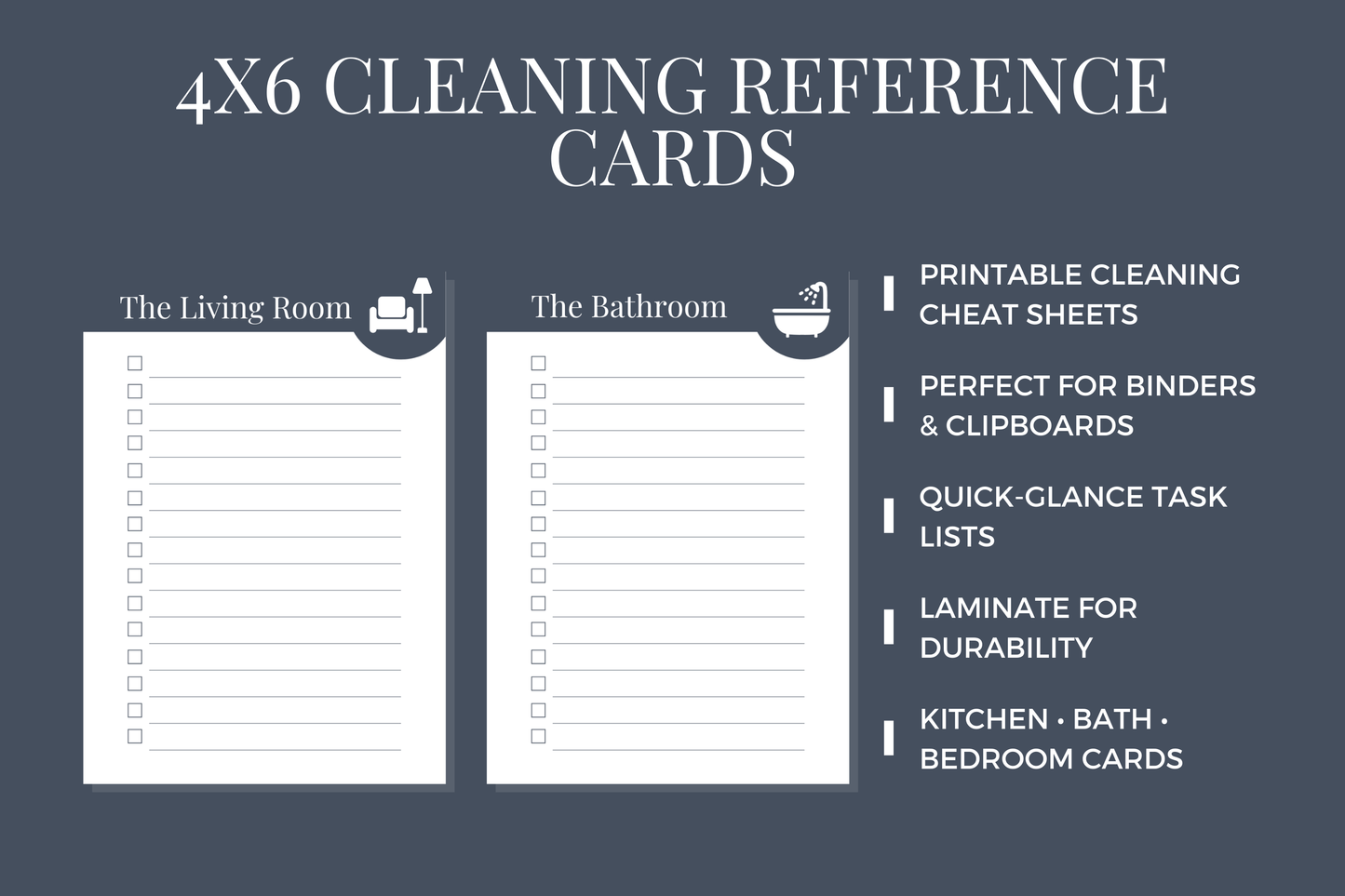 Laminate-ready 4x6 cleaning reference cards for living room bathroom kitchen and office