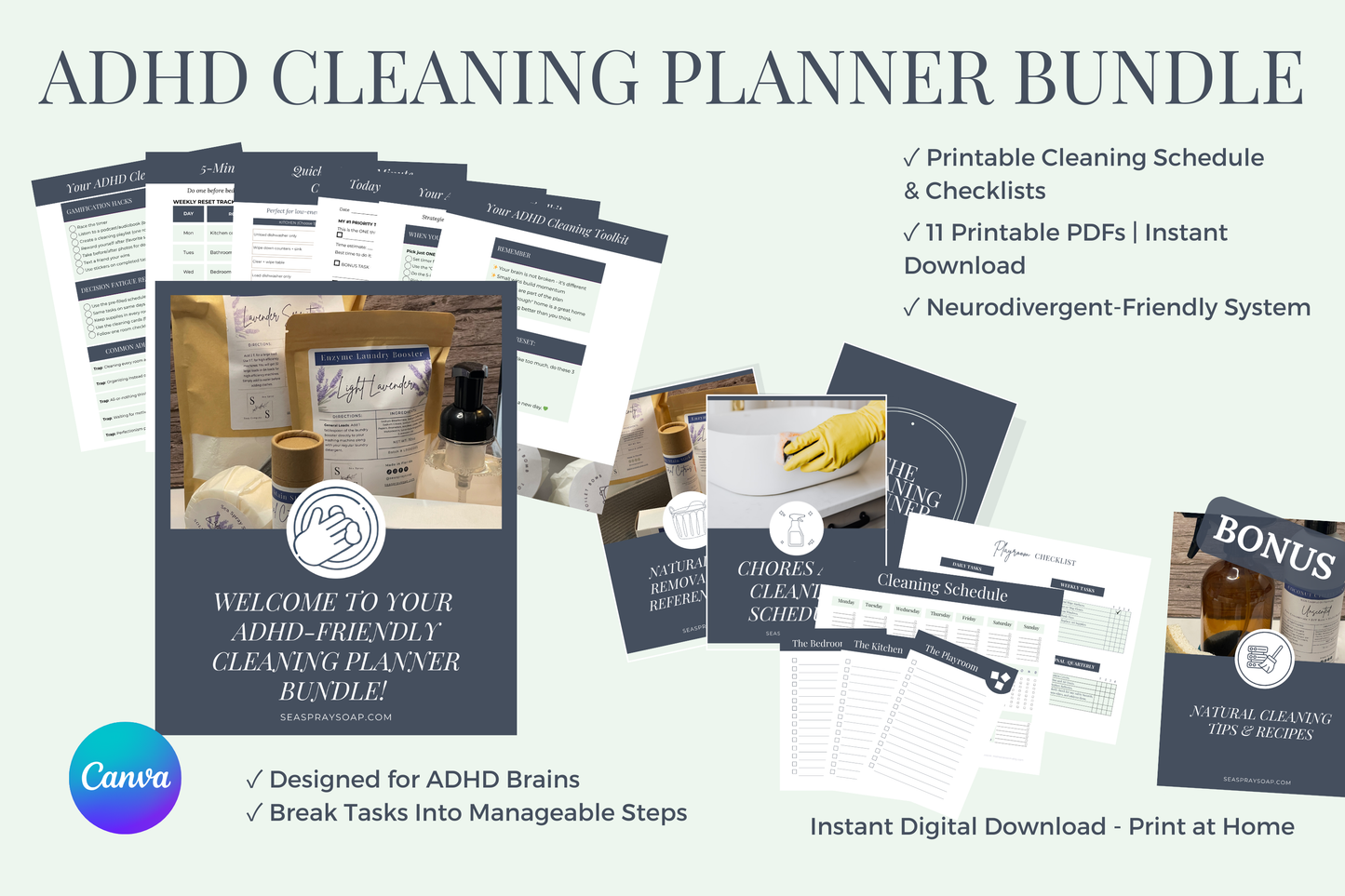 ADHD cleaning planner bundle 85-page printable PDF and Canva template