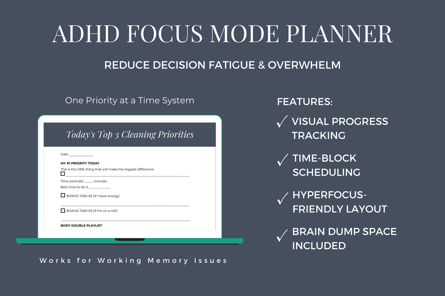 Focus mode daily planner for ADHD - top 3 priorities system to prevent overwhelm