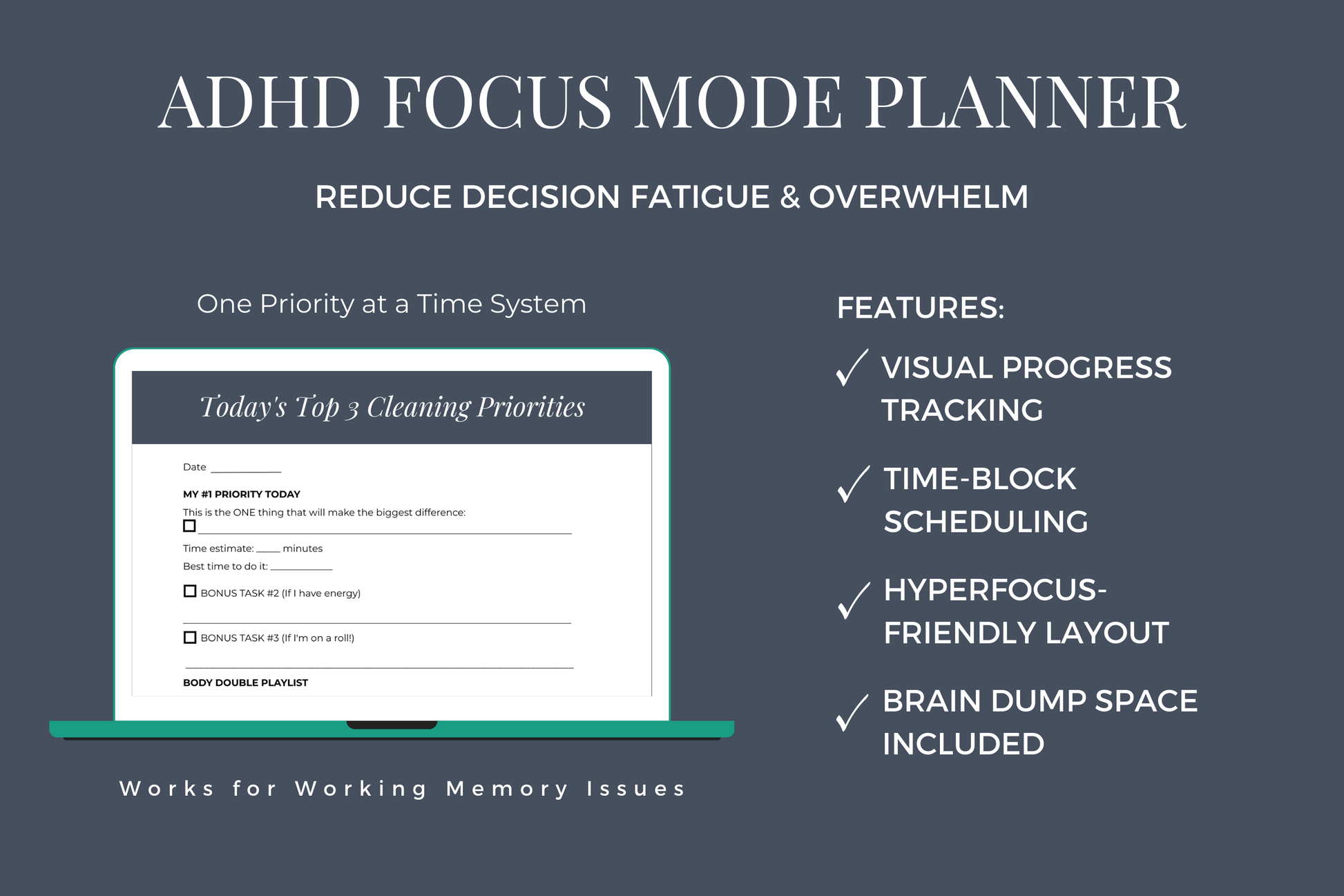 Focus mode daily planner for ADHD - top 3 priorities system to prevent overwhelm