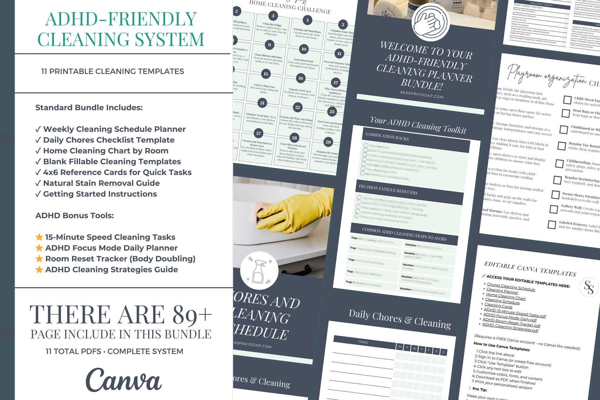 ADHD cleaning planner bundle contents overview - 85 pages of checklists and schedules