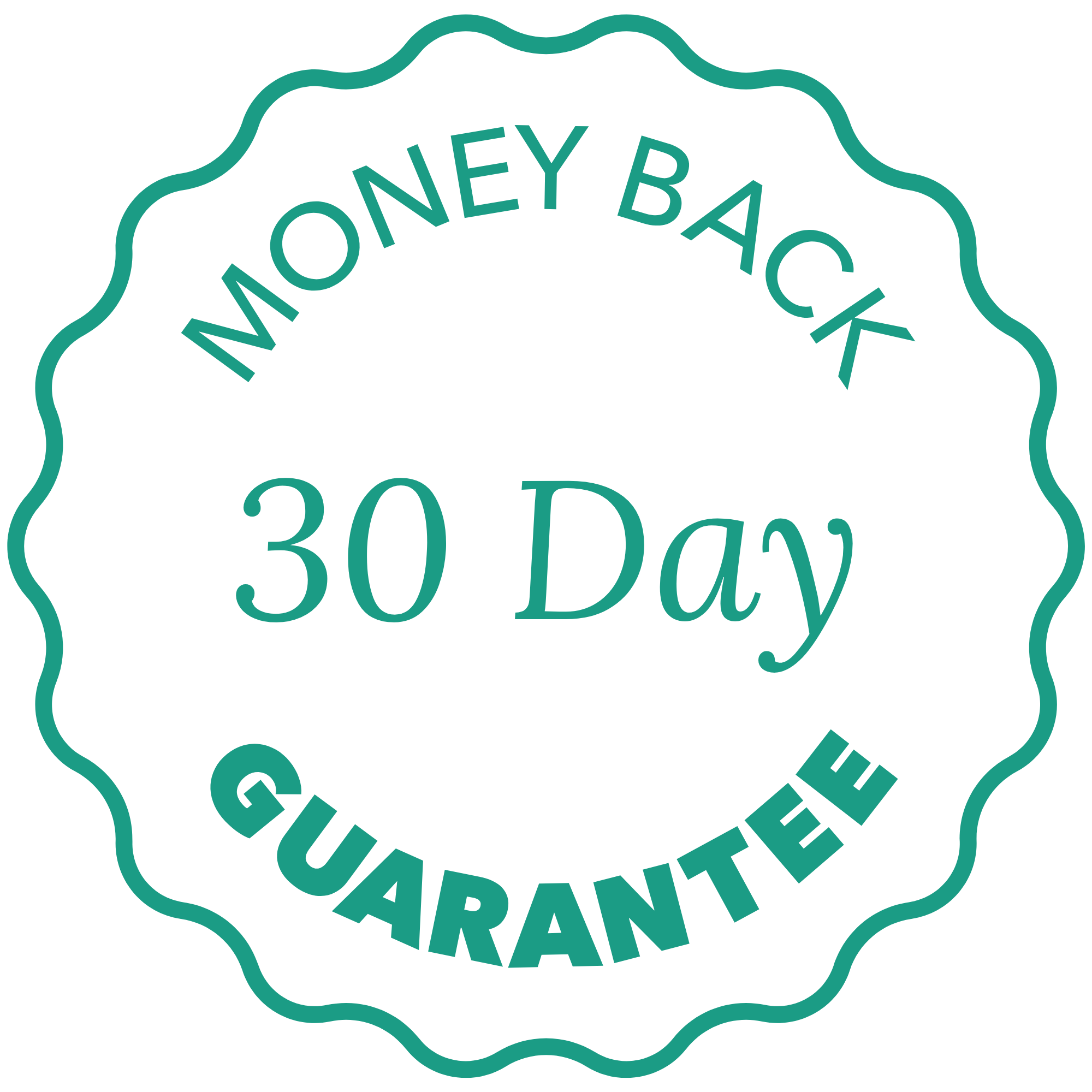 Green 'Money Back 30 Day Guarantee' stamp on a white background