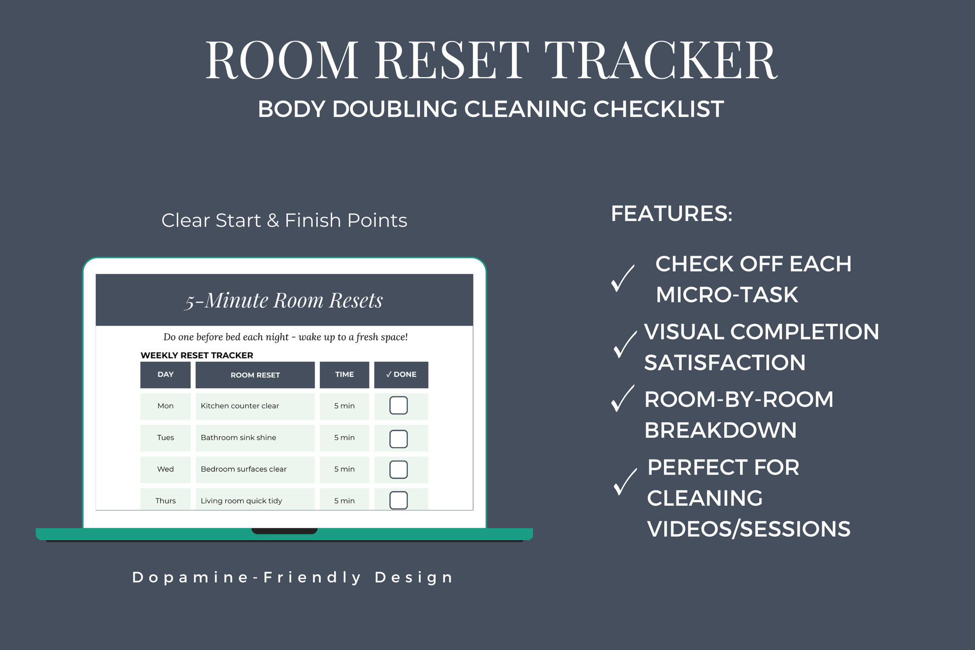 5-minute room reset tracker for ADHD - printable low-energy day cleaning checklist