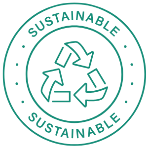 Green circular 'Sustainable' logo with recycling symbol