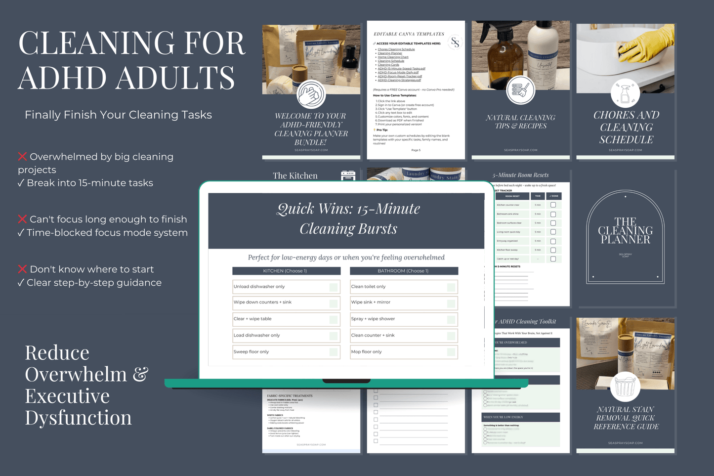 ADHD Cleaning Planner Bundle | Printable PDF & Canva Template - Sea Spray Soap