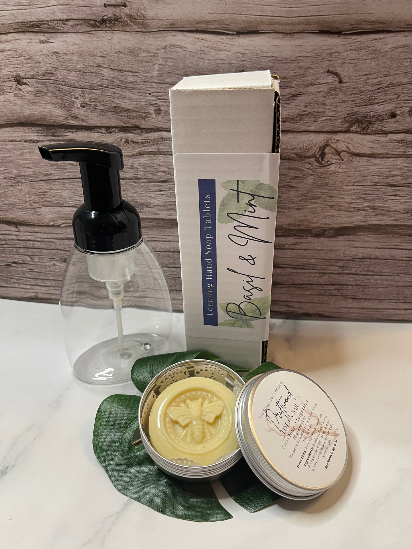 Bar of soap with packaging on a wooden surface