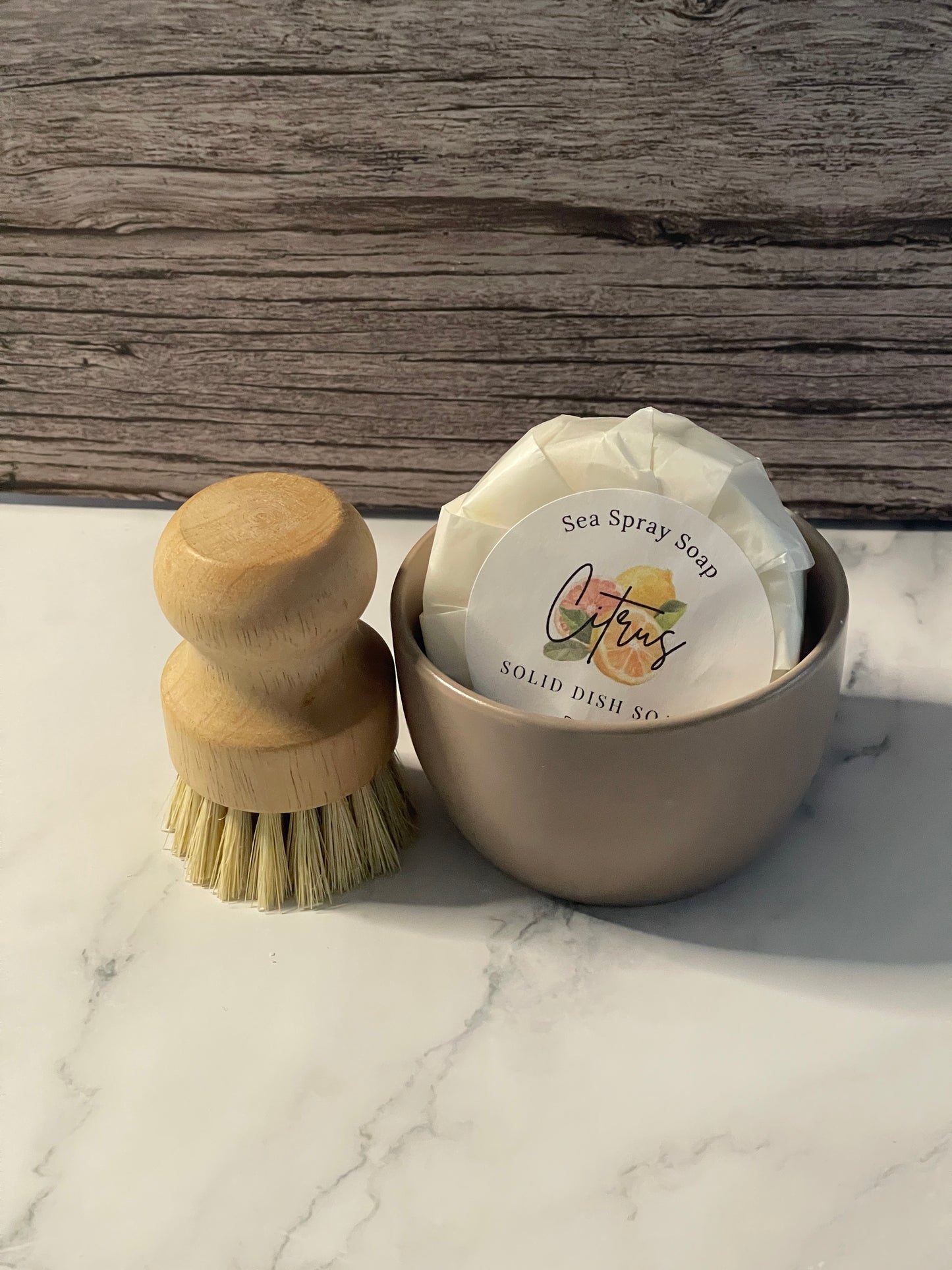 Solid dish soap with tn ceramic dish and brush
