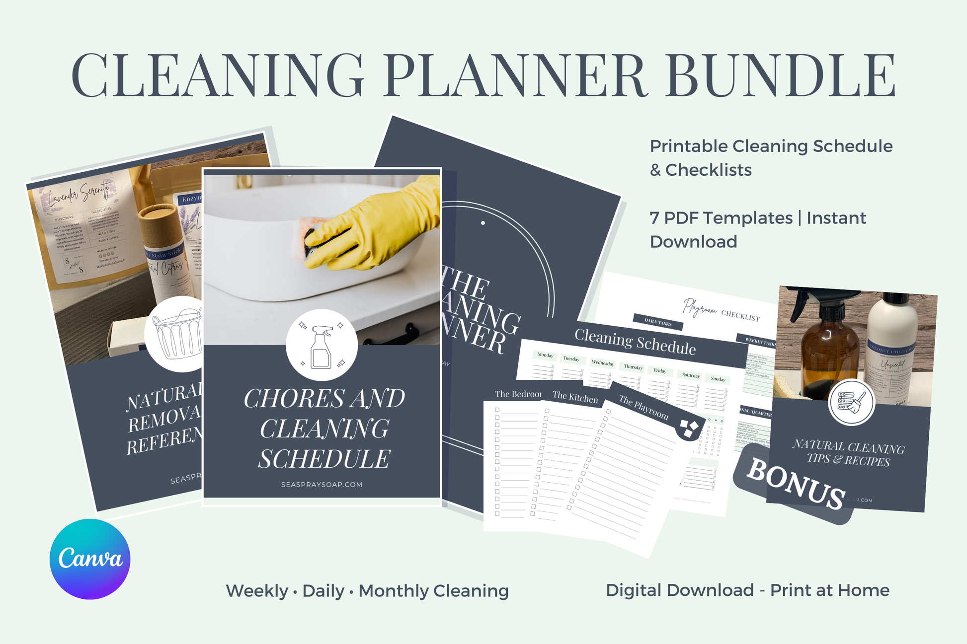 81-page cleaning planner bundle printable PDF and Canva template — Sea Spray Soap
