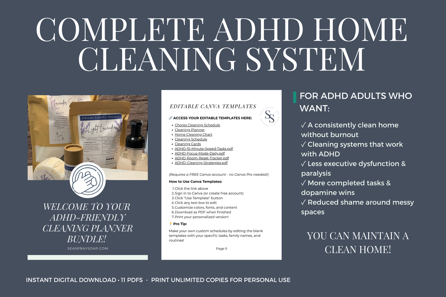 Complete ADHD cleaning planner bundle value — 85 pages PDF Canva and bonus guide
