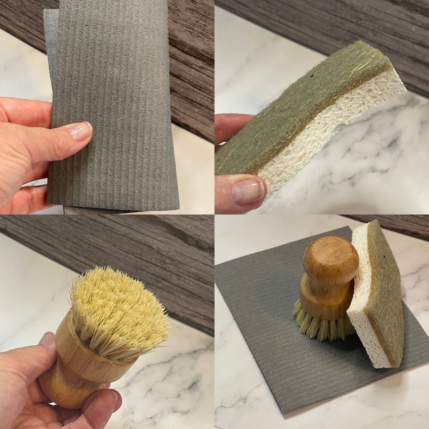 Collage of cleaning tools including a cloth, brush, and sponge on a marble surface.