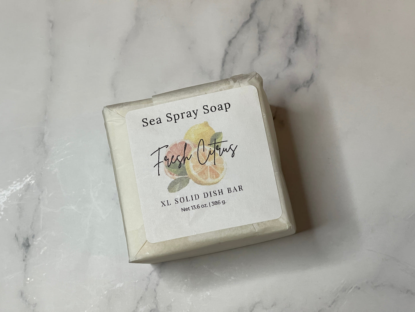 Sea Spray Soap bar with 'Fresh Citrus' label on a marble surface