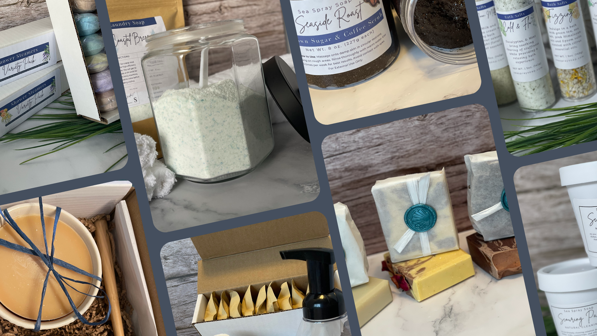 Collage of various skincare and wellness products on a marble surface.
