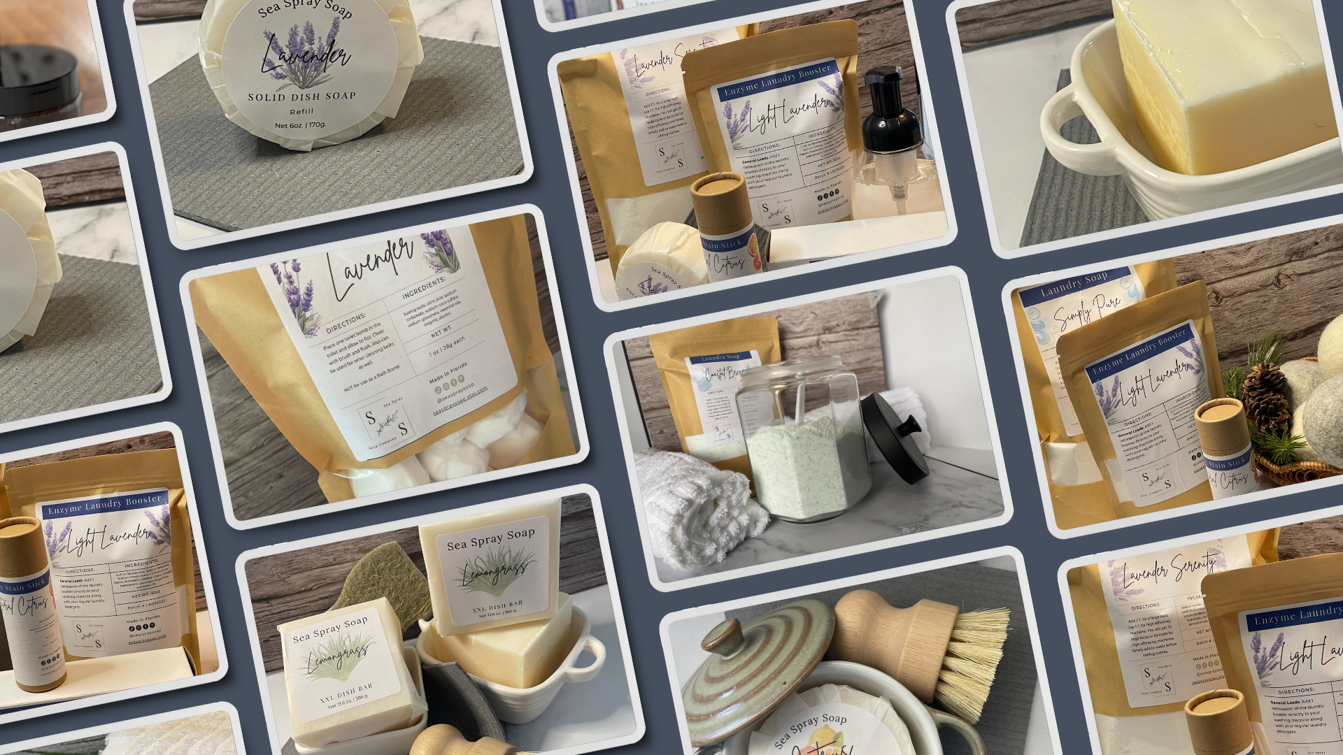 Collage of various bath products including soaps, candles, and bath bombs on a blue background.