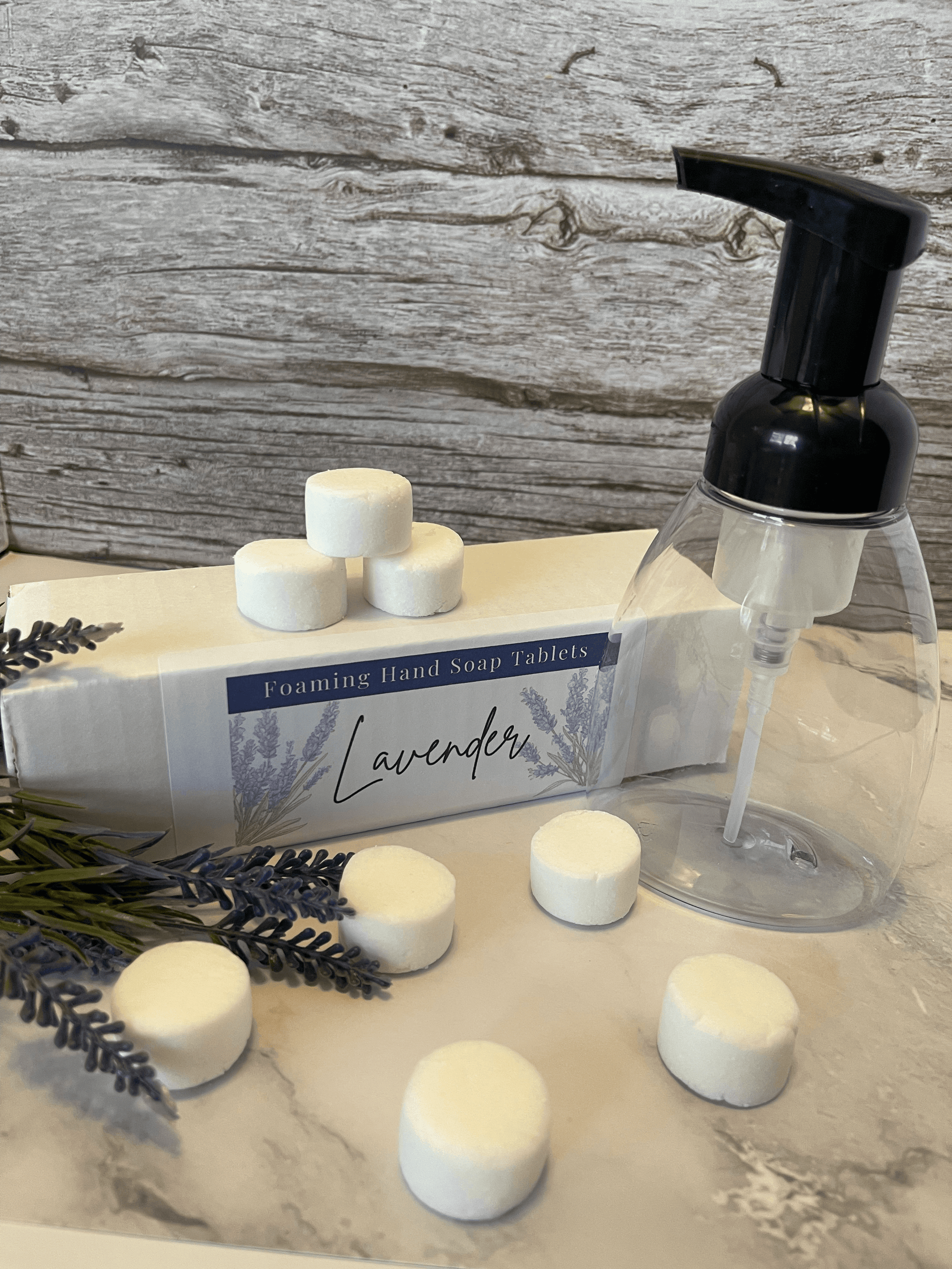 Lavender Foaming Hand Soap Tablet Starter Set  with tablets scattered around and a foamer bottle - Sea Spray Soap