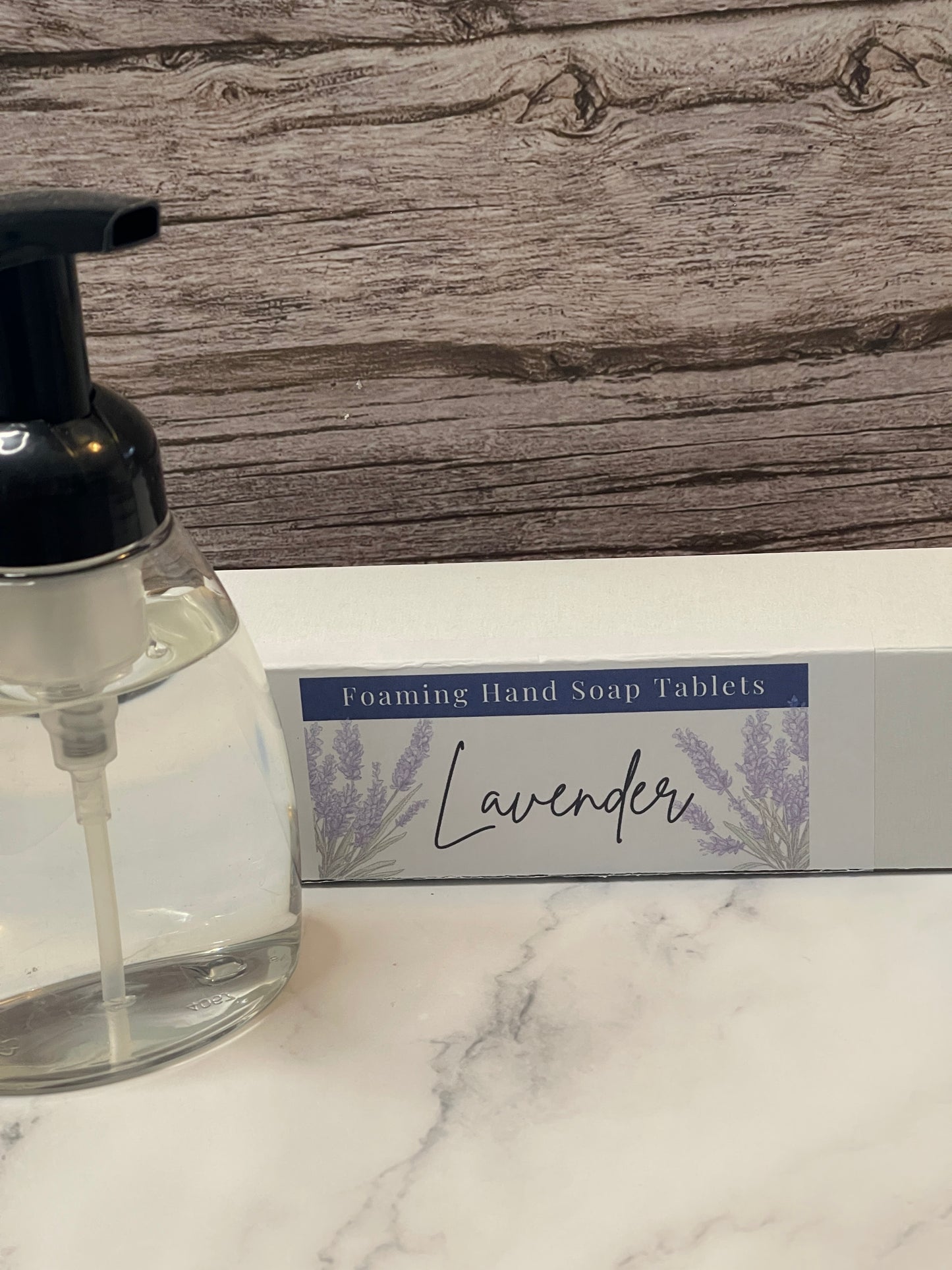 lavender foaming hand soap tablets and a foamer bottle