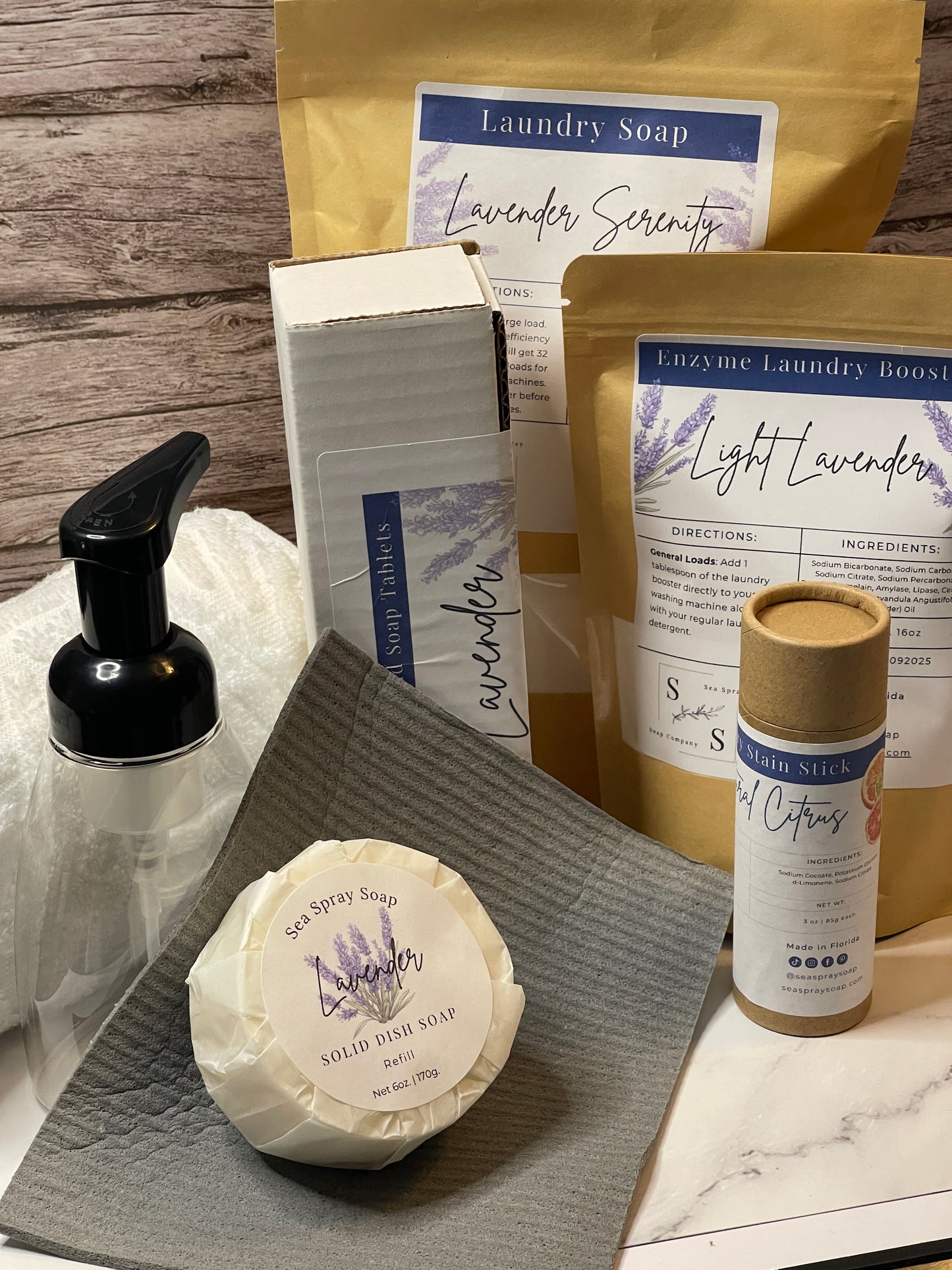 Lavender soap and packaging on a wooden surface