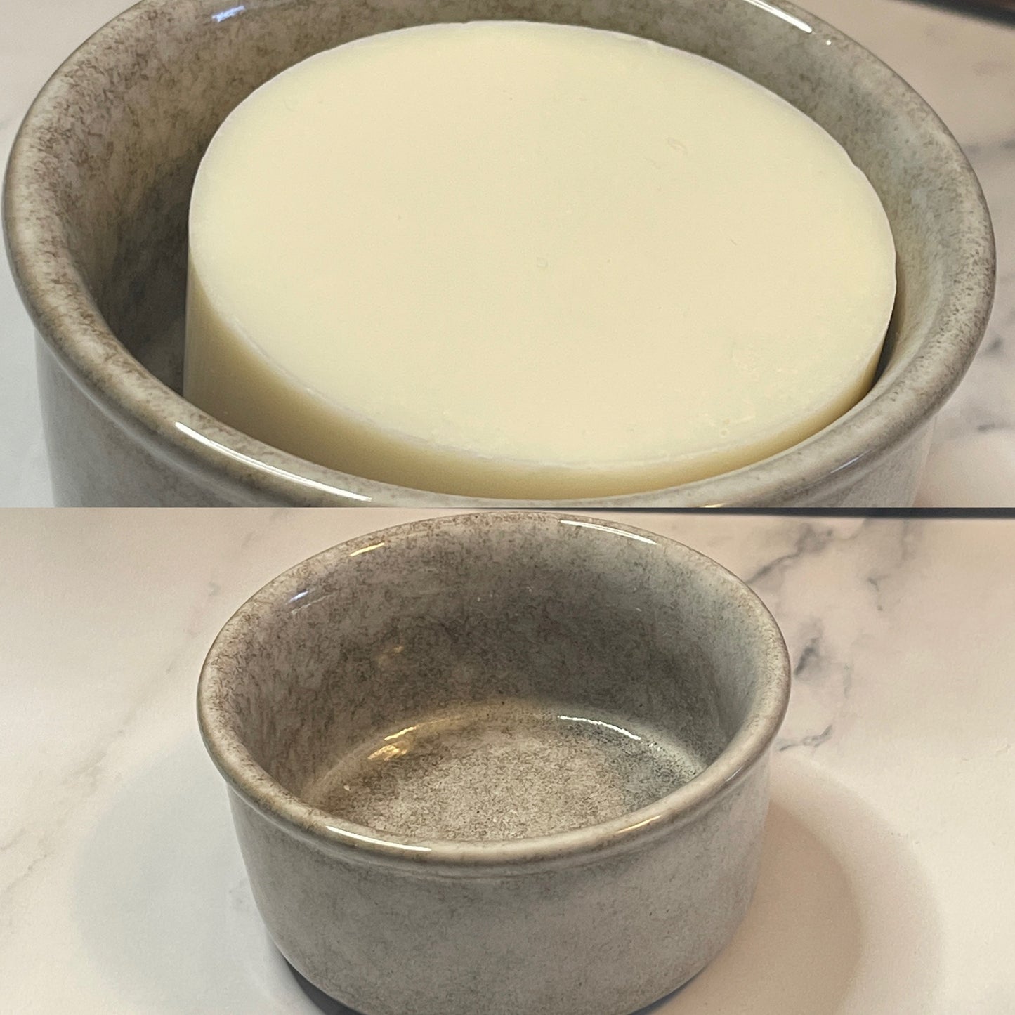 Ceramic bowl with a bar of soap on a marble surface