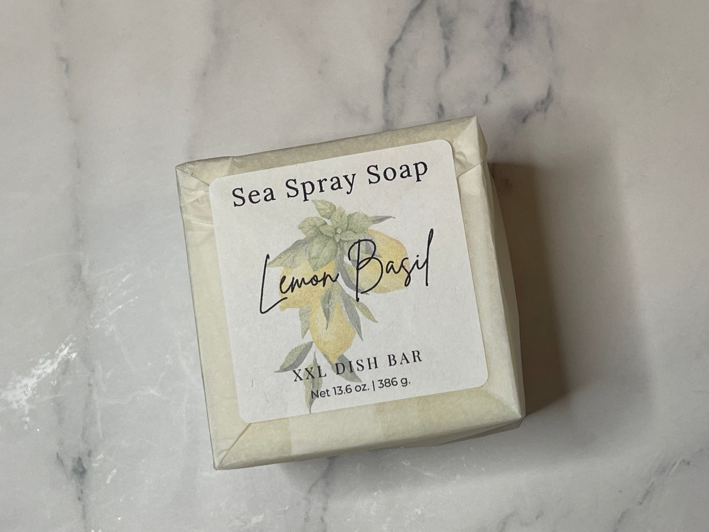 Sea Spray Soap Lemon Basil dish bar on a marble background