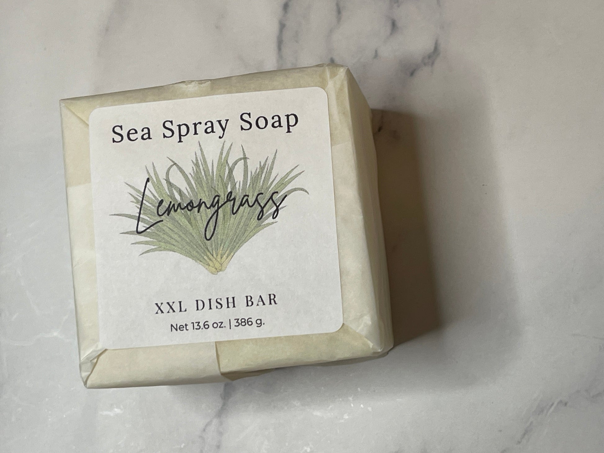 Sea Spray Soap Lemongrass dish bar on a marble surface