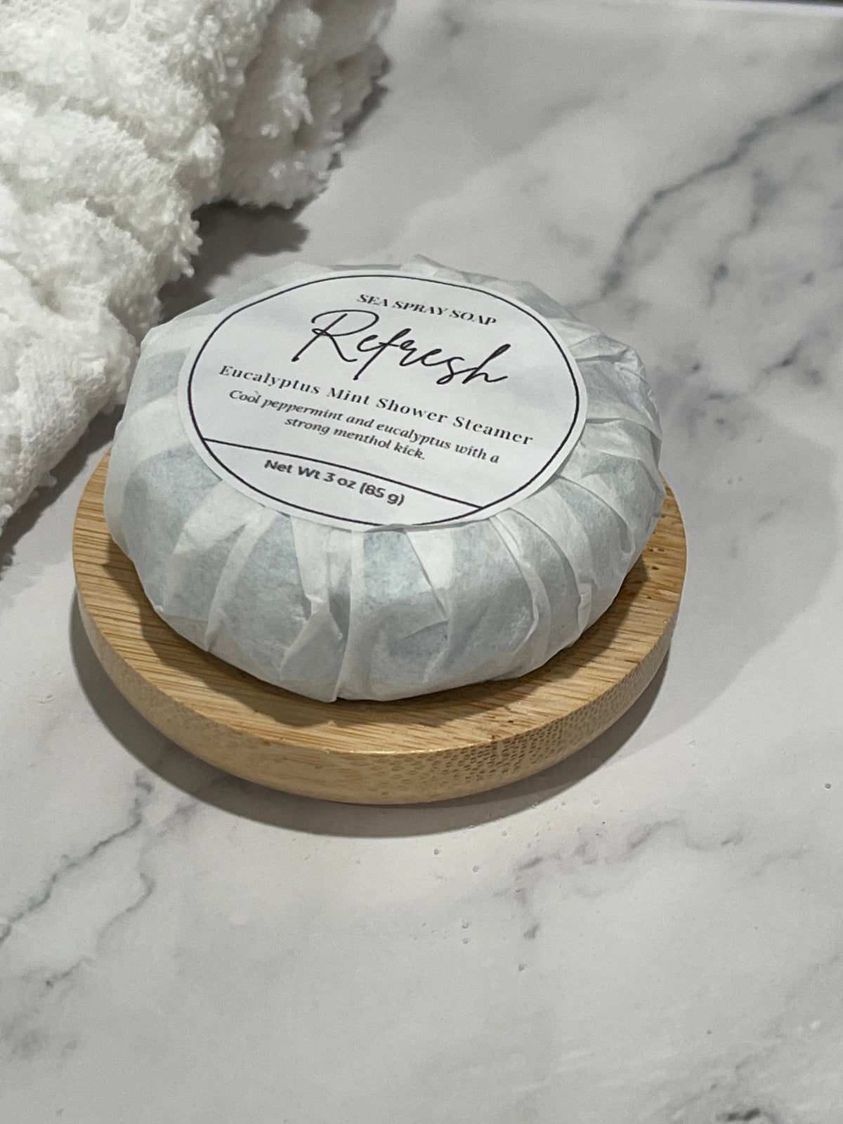 Round Bamboo Shower Steamer Tray - Sea Spray Soap