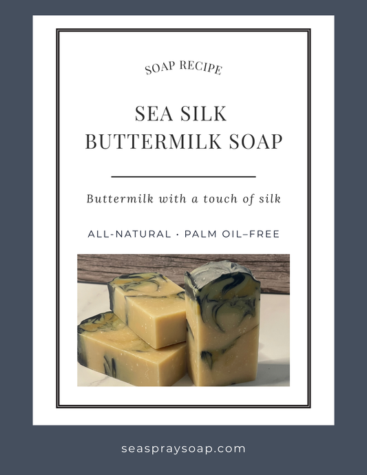 Sea Silk Buttermilk Soap recipe card with soap bars on a white background