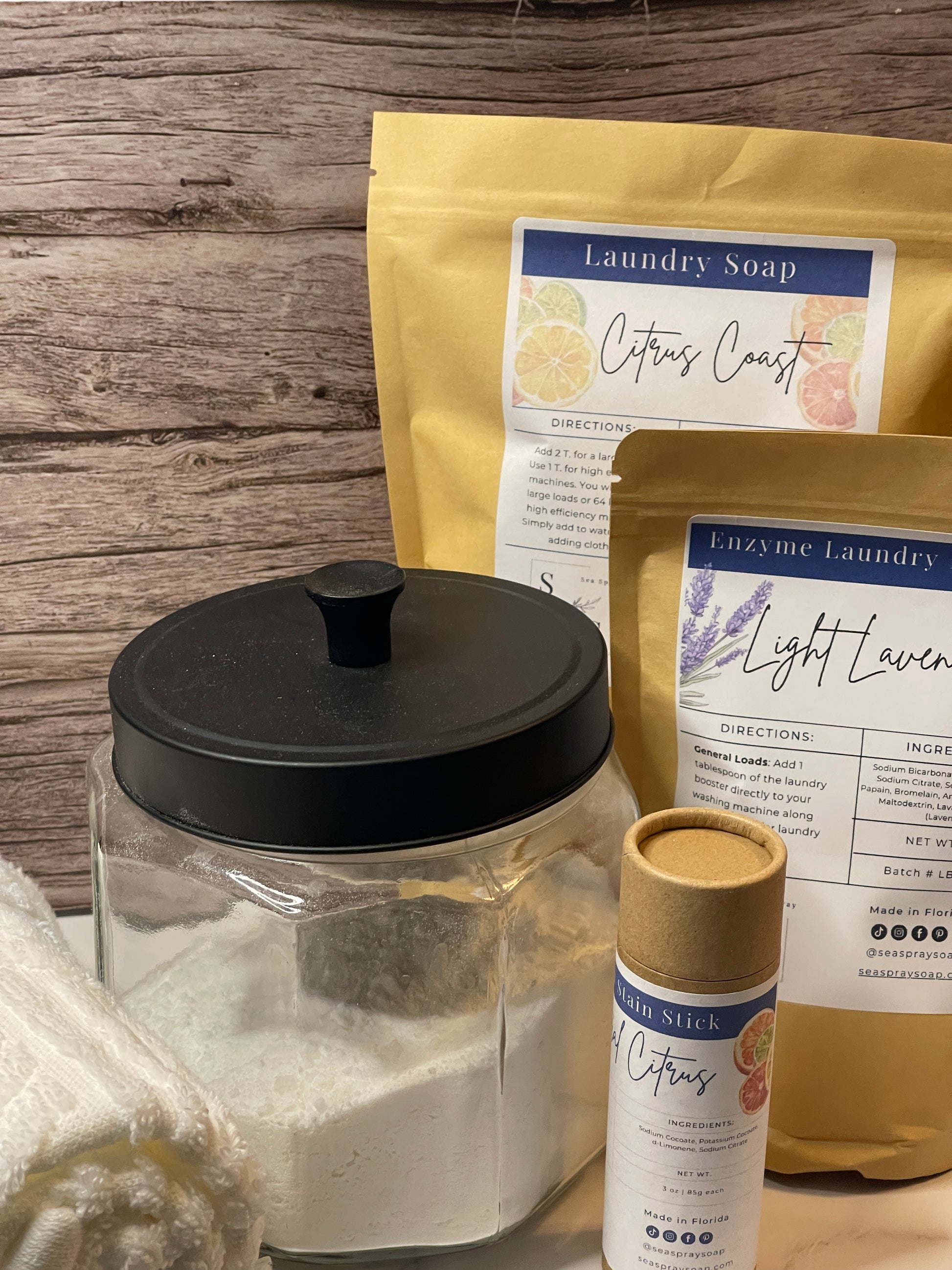 The Clean Wash Bundle is Citrus Coast Laundry Soap with Booster and a Stain Stick
