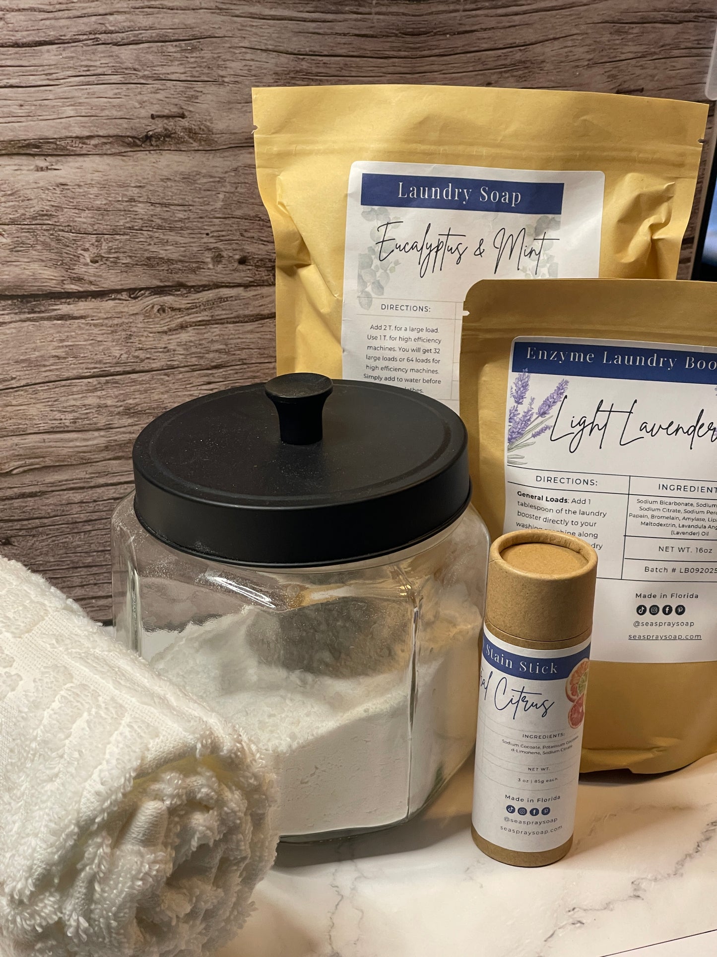 The Clean Wash Bundle is Eucalyptus & Mint Laundry Soap with Booster and a Stain Stick