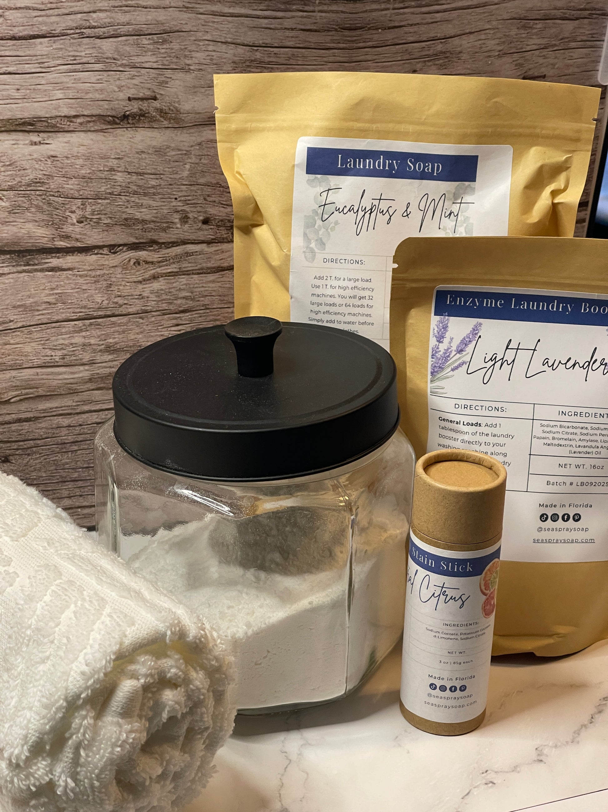 The Clean Wash Bundle is Eucalyptus & Mint Laundry Soap with Booster and a Stain Stick