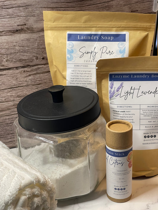 The Clean Wash Bundle is Fragrance Free Laundry Soap with Booster and a Stain Stick