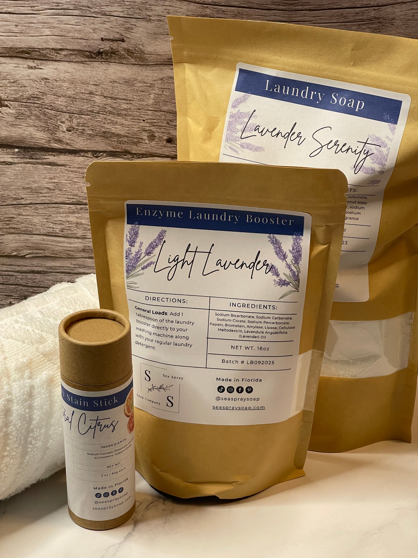 The Clean Wash Bundle is Lavender Serenity Laundry Soap with Booster and a Stain Stick