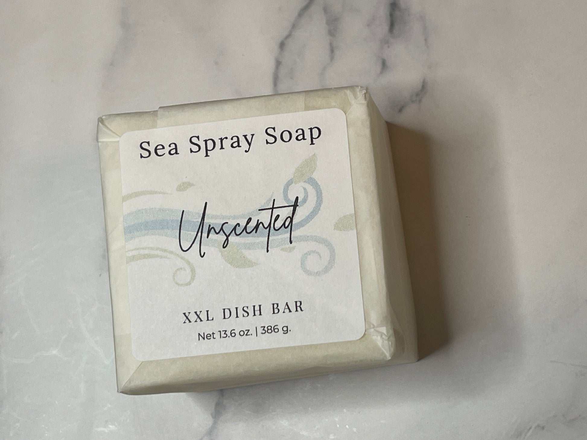 XXL Solid Dish Soap by Sea Spray Soap bar on a marble surface