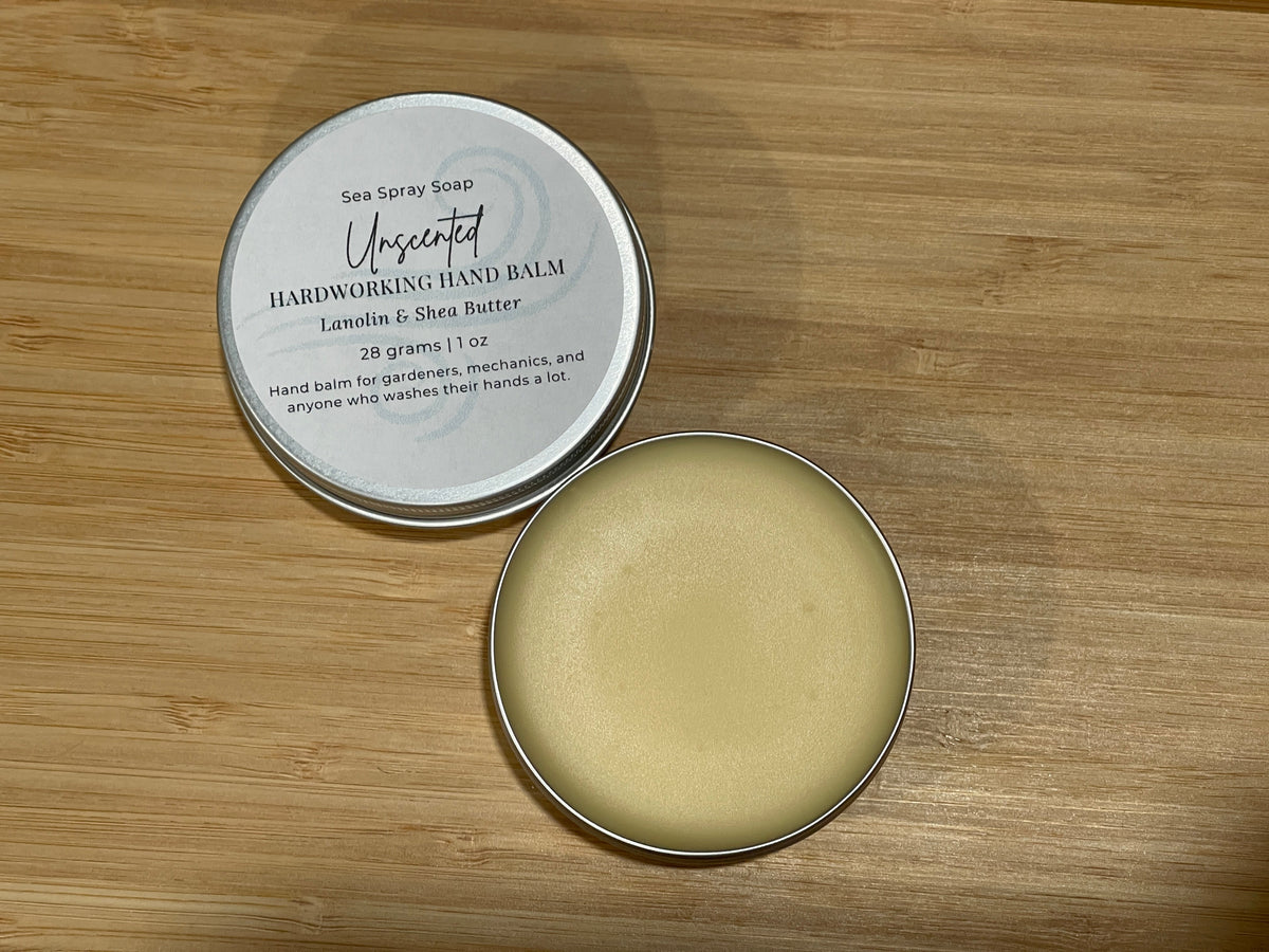Tin of Unscented Hardworking Hand Balm with cover off