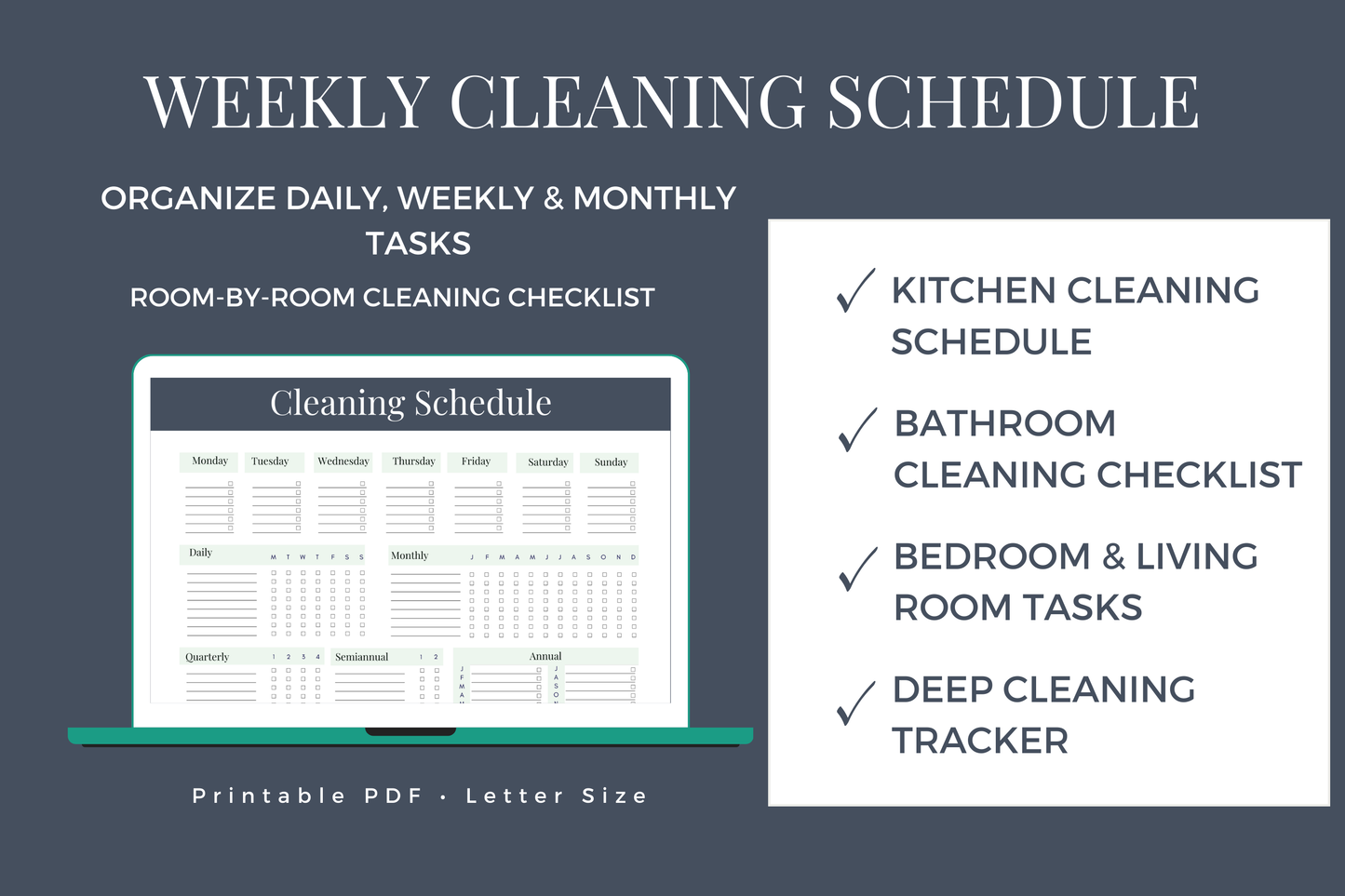 Weekly cleaning schedule printable checklist displayed on laptop — digital download