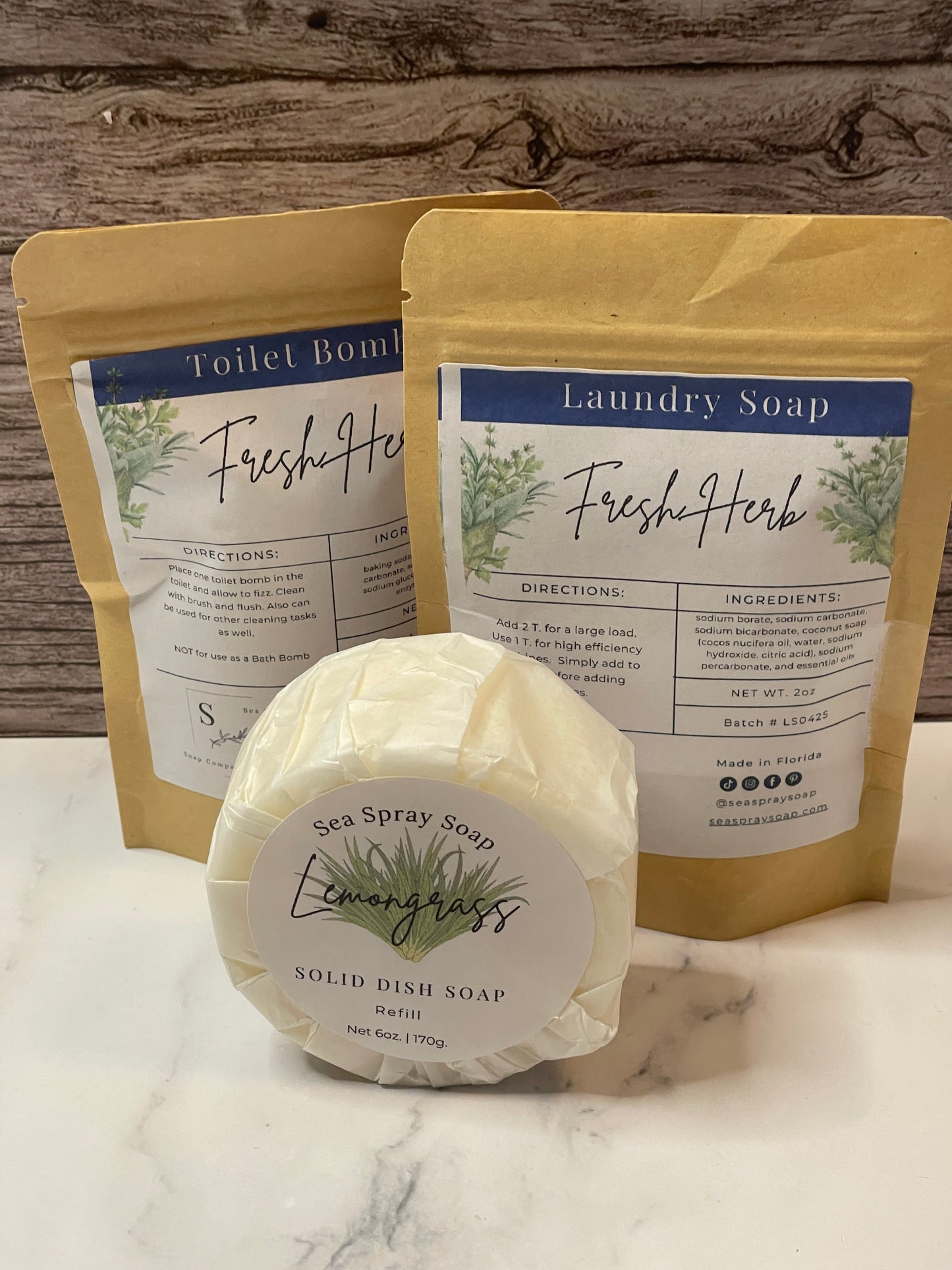 Zero Waste Cleaning Bundle fresh herb toilet bombs, laundry soap & lemongrass solid dish soap